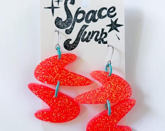 Atomic Boomerang Dangle Earrings Handmade Epoxy Resin Mid Mod OOAK