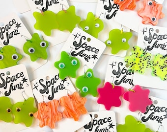 BLOB EARRINGS Space Junk Handmade OOAK Earrings - Halloween - Googly Eyes - Colorful Funky Dangles
