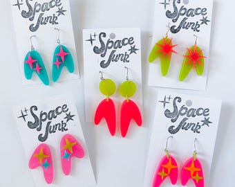 Atomic Era Boomerang Sparkle Dangle Earrings - OOAK Handmade Epoxy - Space Age Style