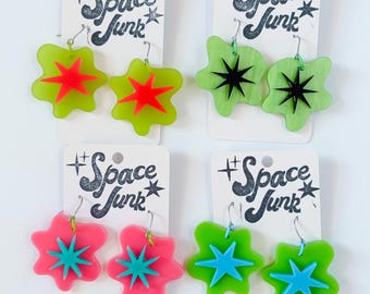 Atomic Space Age Blob Dangle Earrings with Stars - OOAK Handmade Epoxy