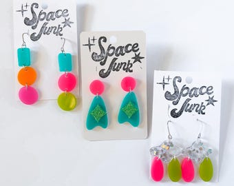 Colorful Sparkly Statement Dangle Earrings - OOAK Handmade Epoxy Resin - Lightweight Funky Styles