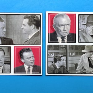 May include: Two sets of vintage black and white film stills. Each set features six images of men in suits and hats. Some images have a red background. The background is a solid blue.