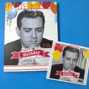 May include: A black and white birthday card featuring a vintage image of a man, with the text "HAPPY Birthday to you!" in a red banner. The card is decorated with balloons.