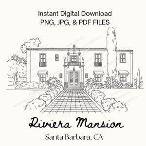 Ilustración de boda en Riviera Mansion Santa Bárbara (PNG, PDF y JPG) - Arte lineal digital para invitaciones, mapas de boda, tarjetas de reserva de fecha y decoración