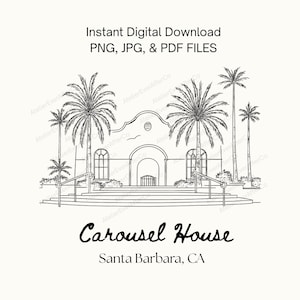 Ilustración de arte lineal de Carousel House Santa Barbara: lugar para bodas (PNG, JPG, PDF) para letreros, mapas de boda, invitaciones, guardar la fecha y más.