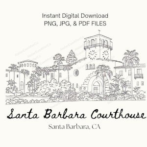 Arte lineal del Palacio de Justicia de Santa Bárbara: ilustración digital del lugar de celebración de bodas en formato PNG, JPG y PDF para letreros, mapas de bodas, invitaciones y tarjetas de confirmación de asistencia.