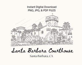 Santa Barbara Courthouse Line Art - Illustration des Hochzeitsortes in png, jpg & pdf für Schilder, Hochzeitskarten, Einladungen und Antwortkarten
