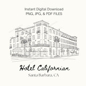 Icono de mapa de bodas del Hotel Californian Santa Bárbara: ilustración de arte lineal en formato PNG, JPG y PDF para itinerarios, señalización e invitaciones.
