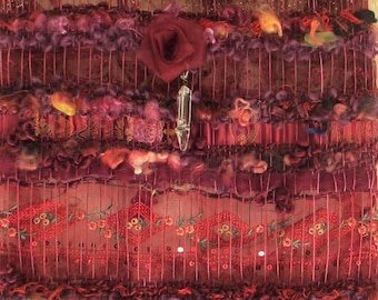 Long purple woven wall hanging "La Sophistiquée", mixed composition of lace, satin, wool, linen, roses and pendants, cottagecore wall art