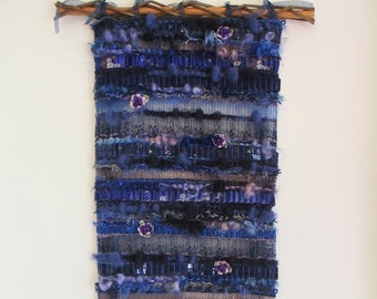 Woven wall hanging, blue, textile art,  blue  woven tapestry,  boho chic home, boho home decor, woman blue gift