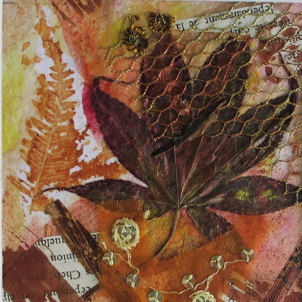 Tableau oouleurs d'automne, "Composition d'automne", peinture collage mixed media, végétaux et textile, thème nature, cadeau pour la maison