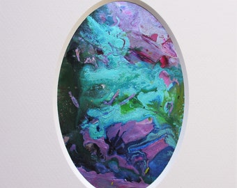 Petite peinture abstraite ovale, petit art abstrait original "Le Lagon",  petite peinture acrylique, art moderne unique, cadeau pour maison