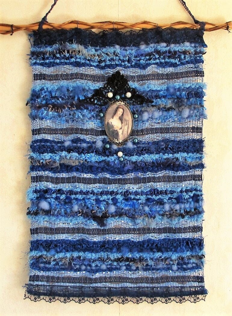 Tapisserie Murale Bleue, Woven Wall Hanging, Panneau Tissé Bleu, Weaving, Suspension Textile en Tiss