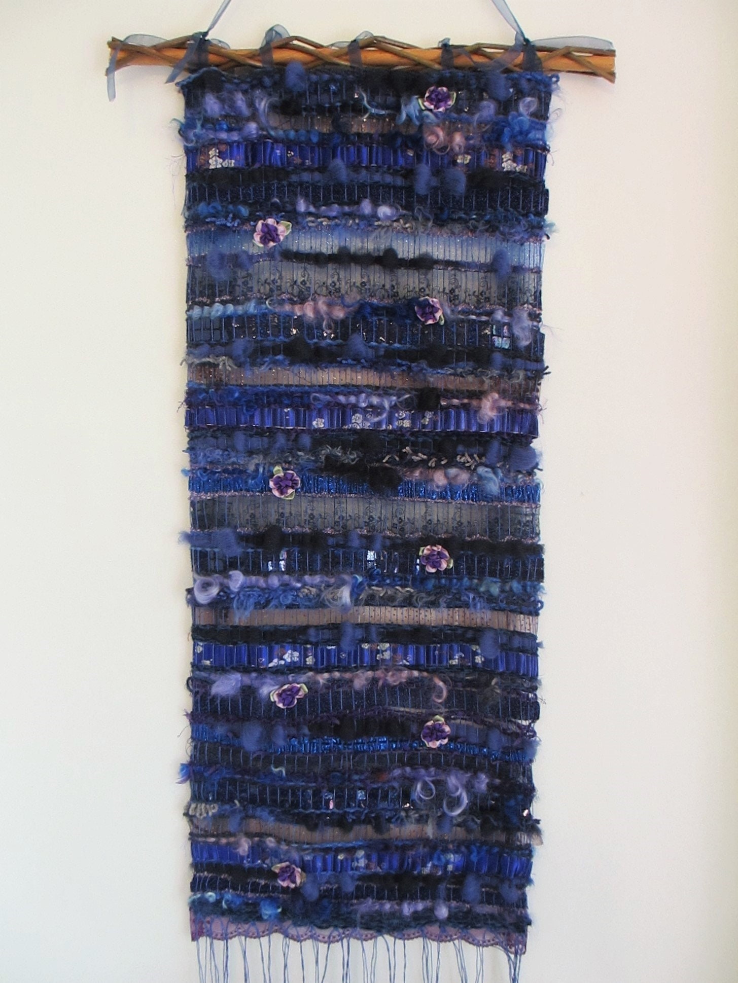 Tissage Mural, Longue Tapisserie Murale Tissage, Tenture Tissage Bleu, Suspension Bleue, Cadeau Femm