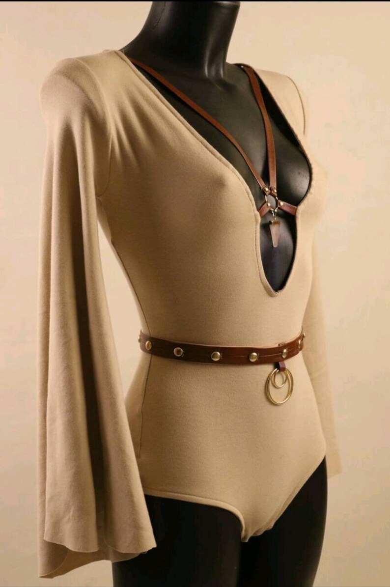 Organic Bodysuit long sleeves flare harness natural stone organic cotton lithotherapy leather vegan burning man Festival Gypsy boho