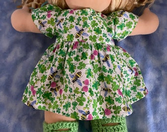 New St Patrick's Day Green Print fabric - Short Sleeve Dress and Shoes  included, fits 15" Waldorf Doll -