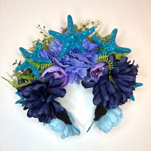 Mermaid Collection; Five Teal Glittered Starfish Flower Crown with Seaweed