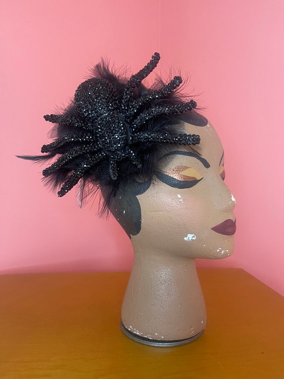 Stoned Spider Rhinestone and Feather Hair Fascinator Clip, for Halloween