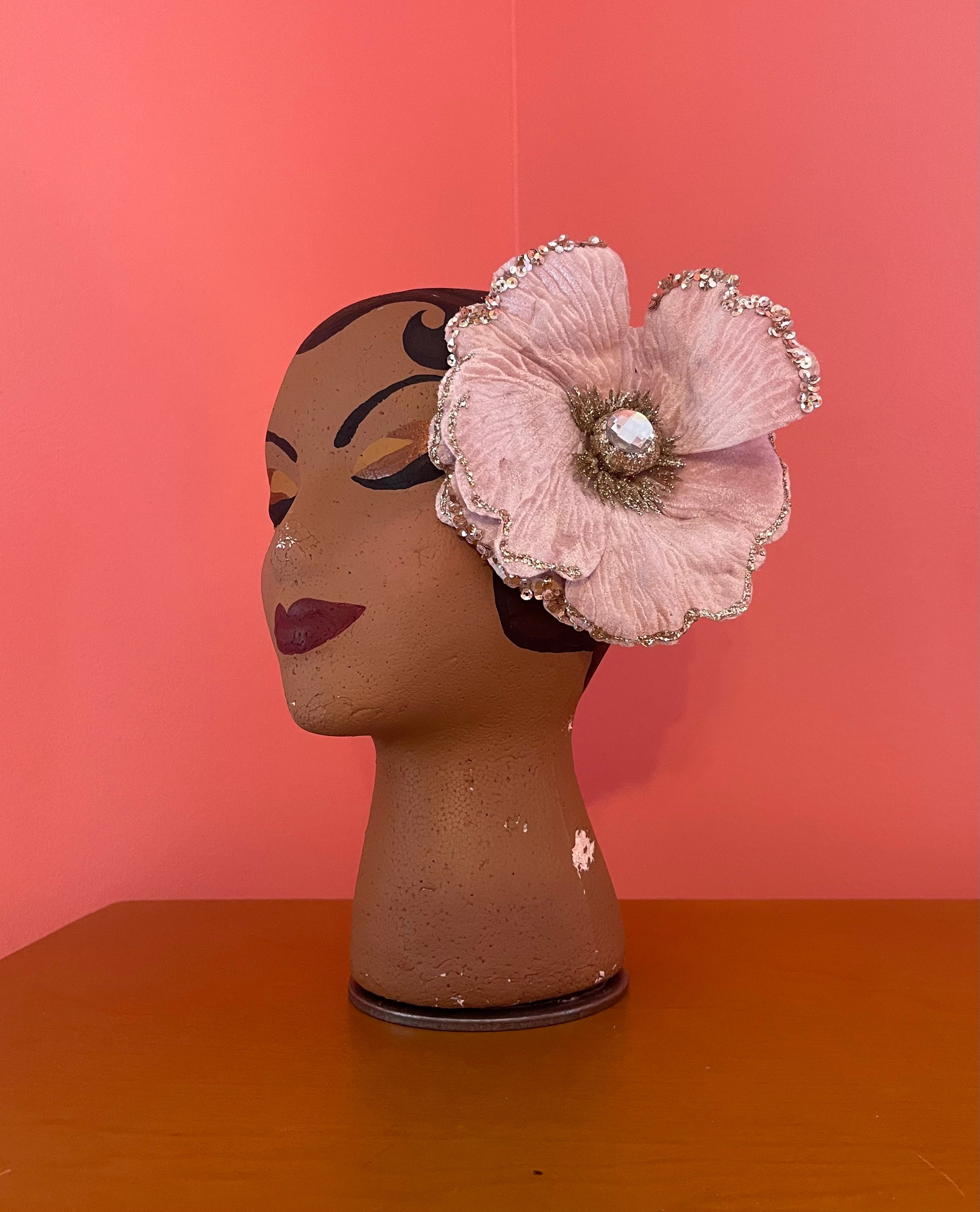 Pink Velvet Holiday Hair Flower With Rhinestone and Glitter 