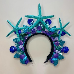 Mermaid Collection; Rhinestone Trio of Starfish Tiara, hand painted sculpted with Clay Shells, in Aqua