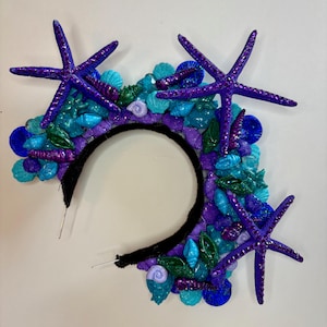 Mermaid Collection; Rhinestone Trio of Starfish Tiara, hand painted sculpted with Clay Shells, in Purple