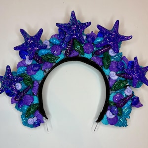 Colección de sirena; ¡Tiara de conchas marinas con cinco estrellas de mar, conchas de arcilla y estrellas de mar reales!