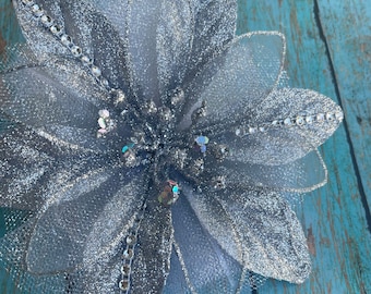 Textured Layered Poinsettia Hair Flower in Sparkling Silver