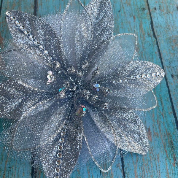 Textured Layered Poinsettia Hair Flower in Sparkling Silver