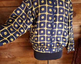 Vintage 80s Silk Bomber Jacket: Navy Blue Geometric Print