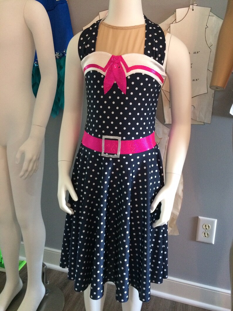 navy and white polka dot