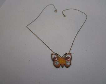 Antique Gold Filled Chain Necklace with Beautiful Enameled Butterfly
