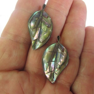 Antique Fancy Iridescent Sterling Silver  & Abalone Figural Leaf Screw Back Earrings