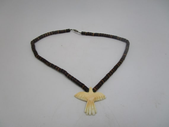 Vtg Native American Heishi Beaded Necklace with Carved Bone Eagle Pendant
