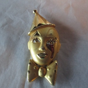 Vintage Gold Tone Fancy Mime Clown Teary Eyed Large Brooch