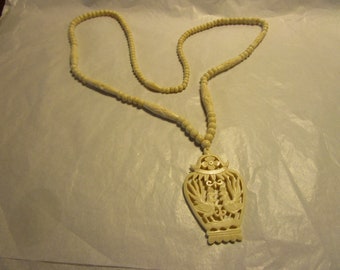 Antique Carved Bone Beaded Necklace with Chicken Motif Pendant