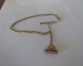 Antique Victorian Gold Filled Pocket Watch Chain with Stamp Fob