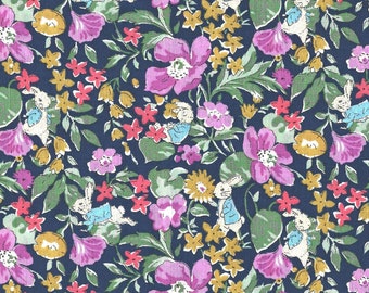 Liberty X Peter Rabbit / Tana Lawn / Poppy & Honesty Rabbit / Azul marino y morado
