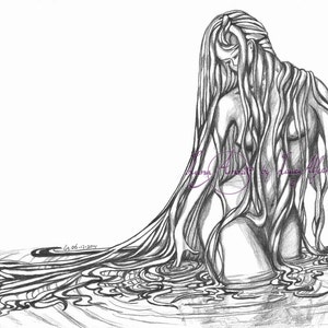 May include: A black and white pencil drawing of a woman with long hair, sitting in a pool of water. Her hair is flowing around her and creating ripples in the water. The drawing is signed "Laura Alvarez by Laura Alvarez".
