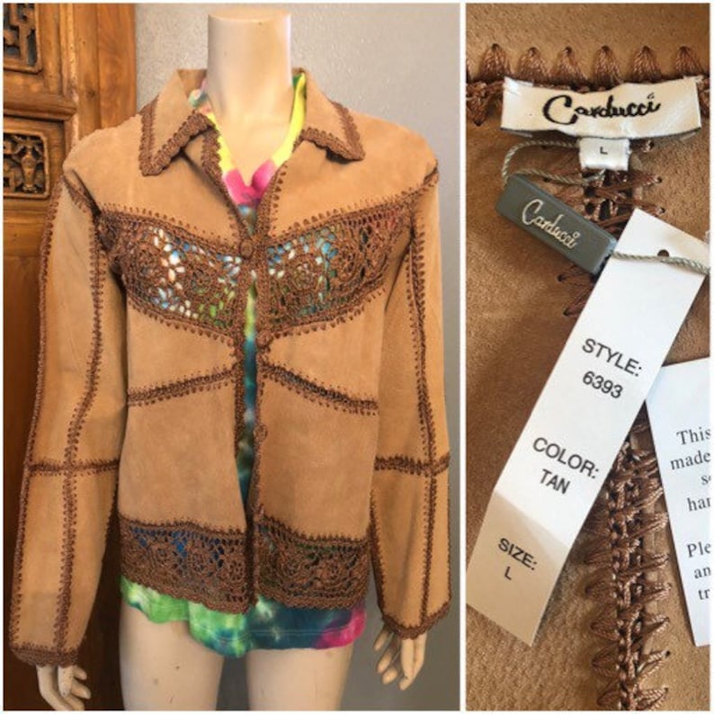 Hippie Vintage style Tan Brown Suede Jacket with Tags by Carducci Large