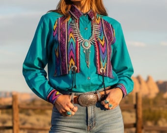 Camisa vintage estilo western turquesa dos anos 80 com conchos, estampa Ozark Mountain, tamanho M/G