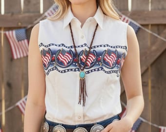 Blusa fofa sem mangas estilo country com botões de pressão e estampa patriótica de bandeira / Tamanho pequeno