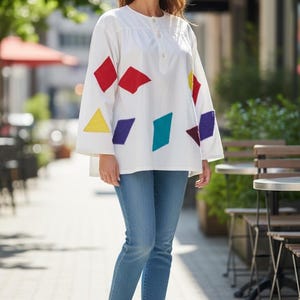 Cool Vintage 80s / 90s Color Block Pullover Linen Jute 3/4 sleeve Shirt with Multicolored Patch Blocks by Yors / Large