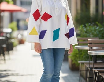 Cool Vintage 80s / 90s Color Block Pullover Linen Jute 3/4 sleeve Shirt with Multicolored Patch Blocks by Yors / Large