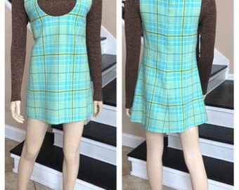 Cute Vintage 60s Mini Mod Dress and under sweater 2-piece in blue and Brown / Small