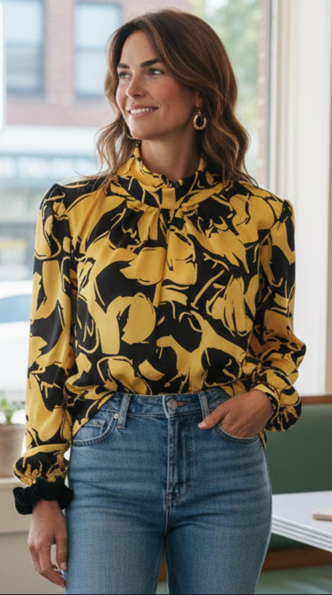 Vintage 80s Black & Yellow Blouse, High Mock Neck, Size Large - Etsy