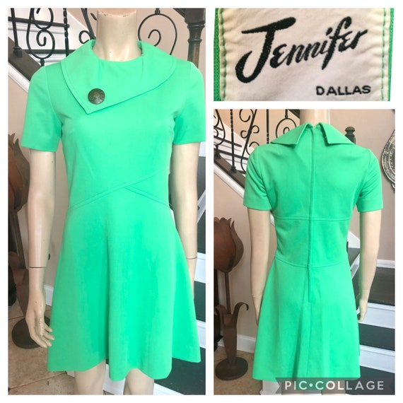 Cute Vintage 70s Green Mod Dress by Jennifer Dall… - image 1
