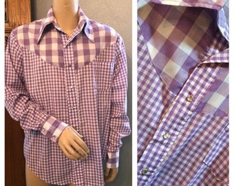Vintage Purple Gingham Square Dance Western Mens pearl snap shirt / medium /Large