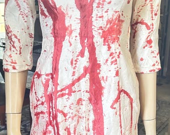 Vestido divertido vintage de seda com estampa de zumbi e mangas compridas / Tamanho PP