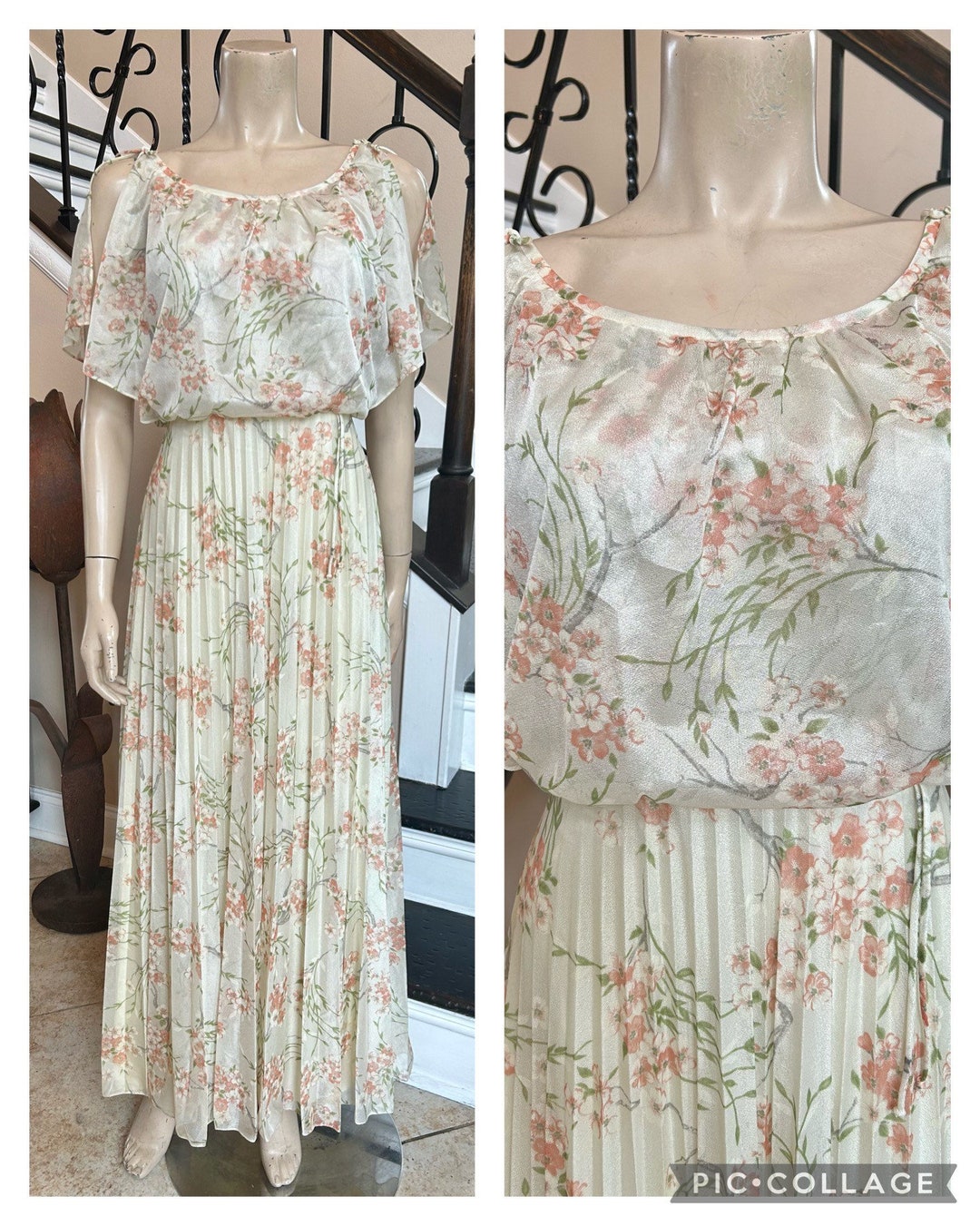 Vintage 70s Does 30s Floral Print Dress, Peach Semi Sheer Dress M