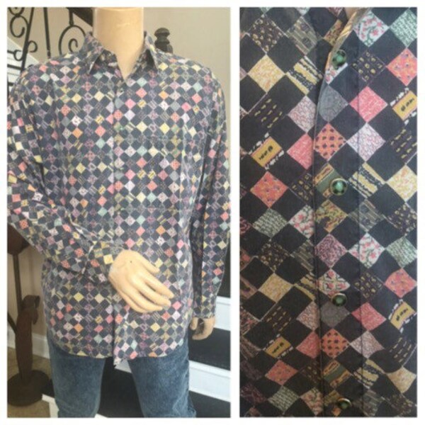 Cool Vintage 90s Mens snap button shirt with artsy squares with paisley and fun abstract print / Large